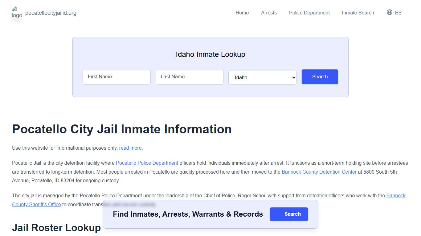 Pocatello Jail, ID Inmate Roster, Municipal Jail Info