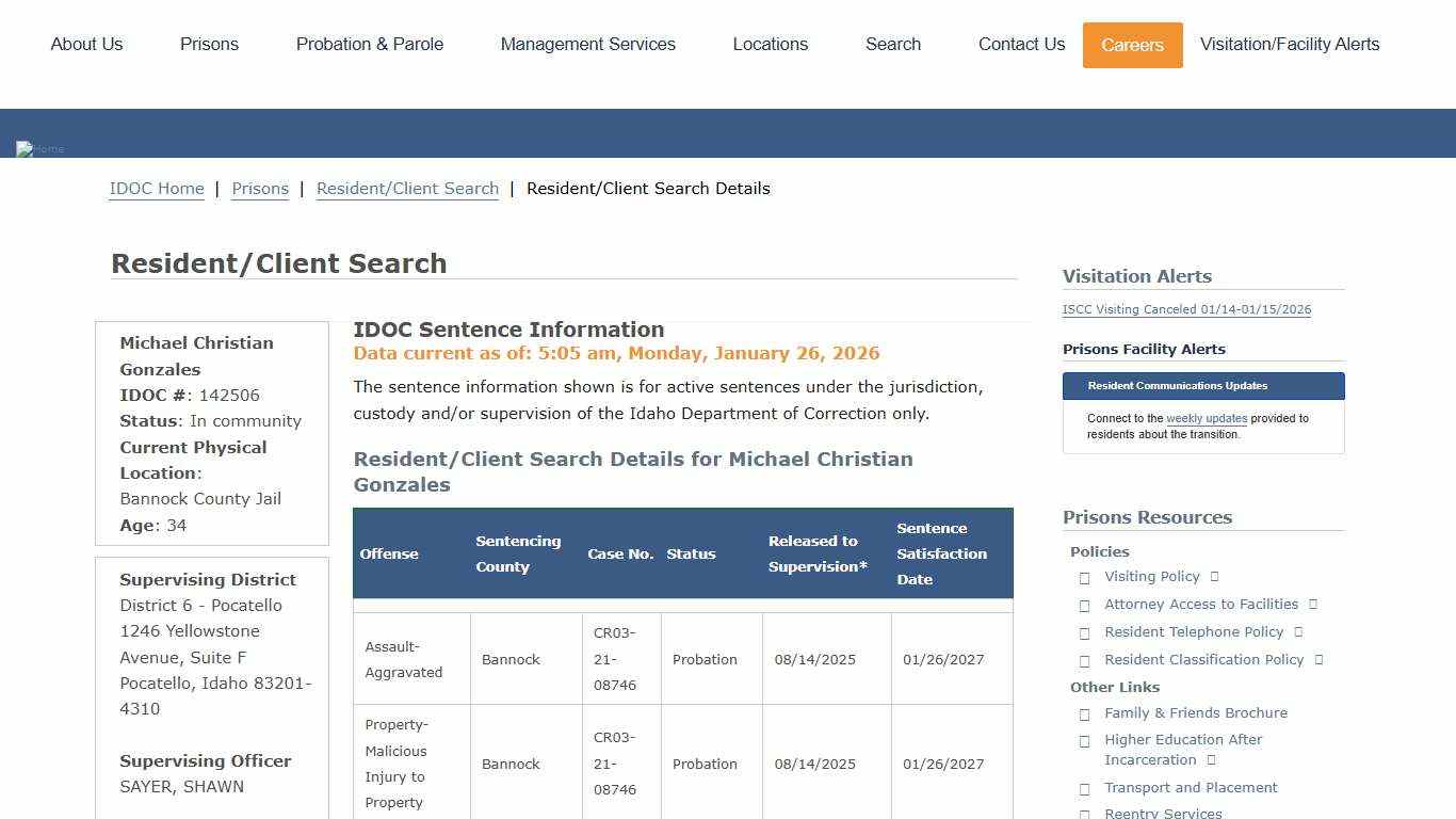 Resident/Client Search Details Idaho Department of Correction